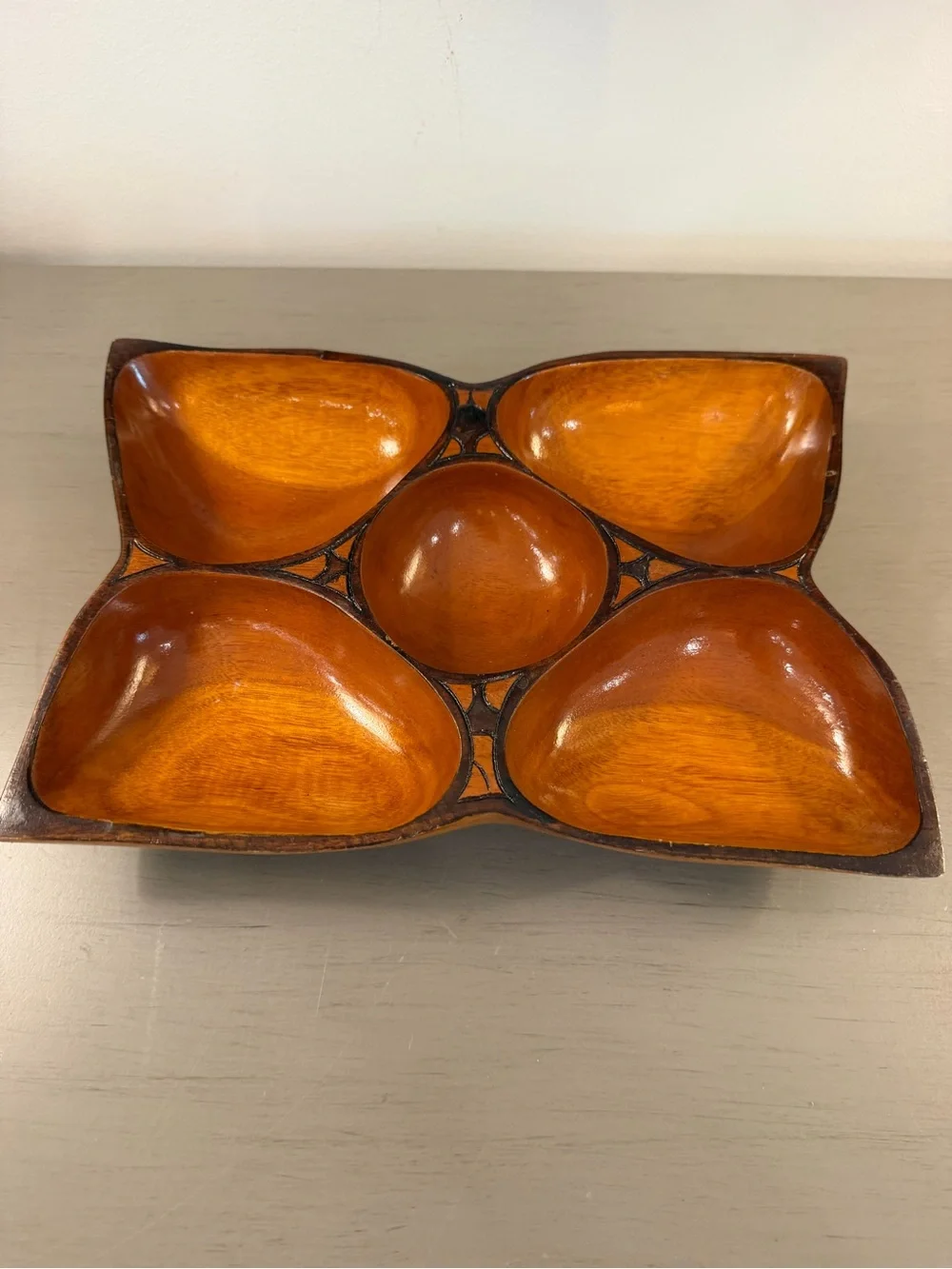 Mid Century Hand Carved Wood Bowl 5 Divided Compartments Stained & Lacquered